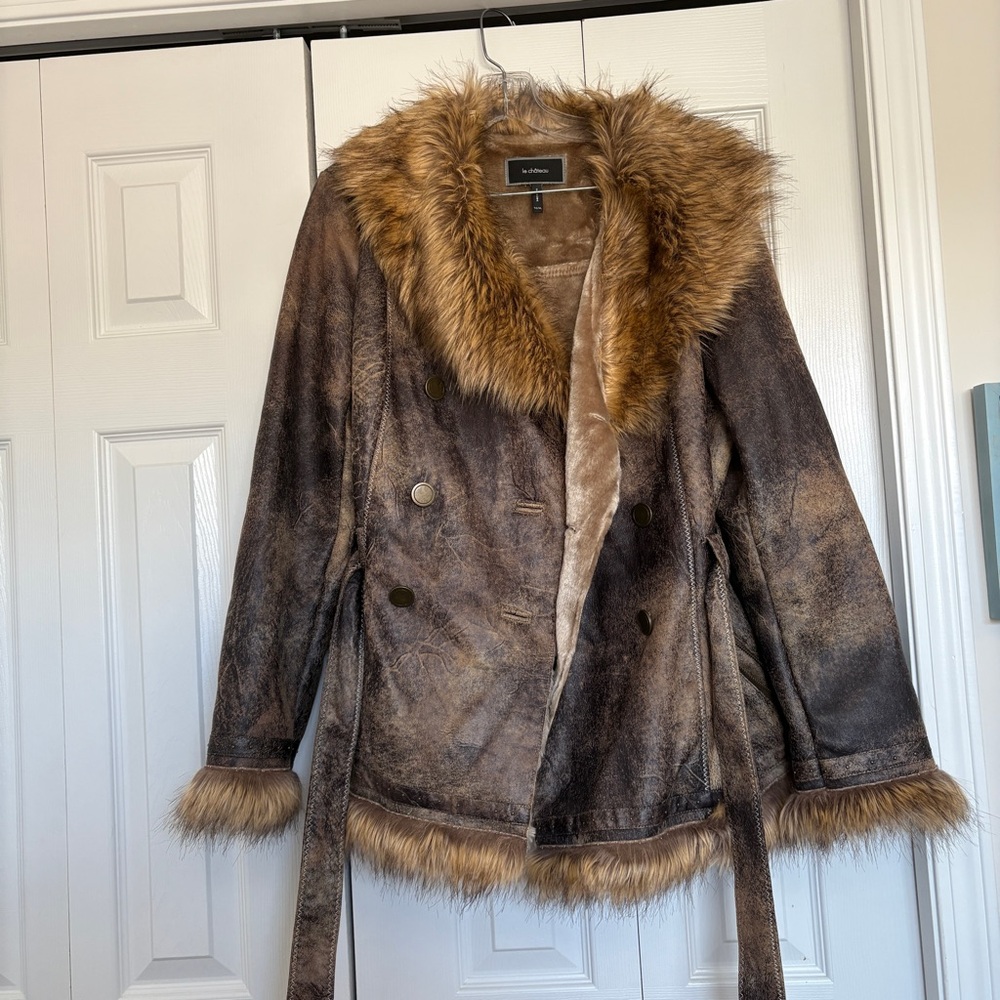 Le Chateau faux fur trimmed belted jacket with stud details